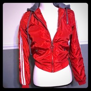 Red hooded crop jacket